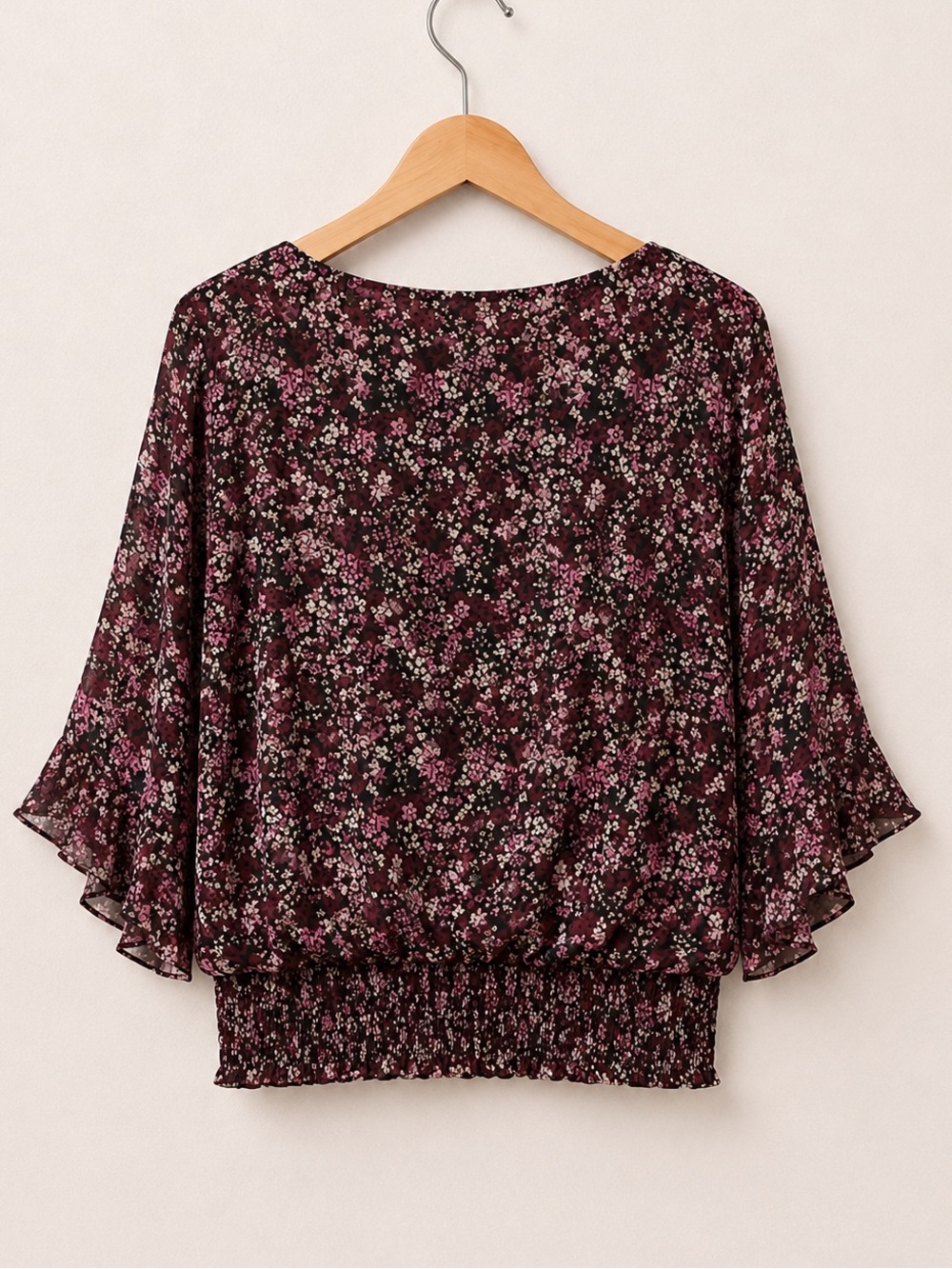 Sam And Jess Ditzy Floral Smock Trim Round Neck Ruffle Sleeve Peplum Blouse - Picture 2 of 4